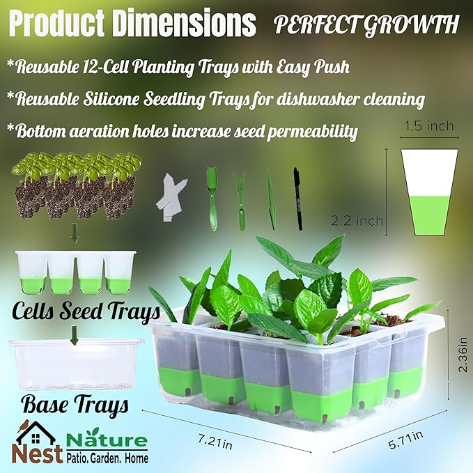 5-Pack Reusable Silicone Seed Starter Kit,Reusable 60Cell Seed Starter Trays with Easy Push-Out Design,Foldable Design for Easy Transplanting,Indoor Gardening Supplies for Vegetables, Flowers & Herbs