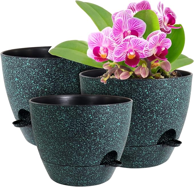 WSMKSZ 12/10/9 inch Large Self Watering Pots, Planter, Plant Pots with Mesh Drainage Holes for Indoor Outdoor Garden Plants, Plastic Flower Pots with Deep Reservoir, Black with Green Speckles