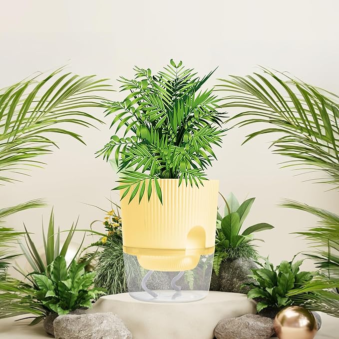 3 Pack Self Watering Planter Pots for Indoor Plants - 5.5 Inch African Violet Pots with Wick Rope - Yellow