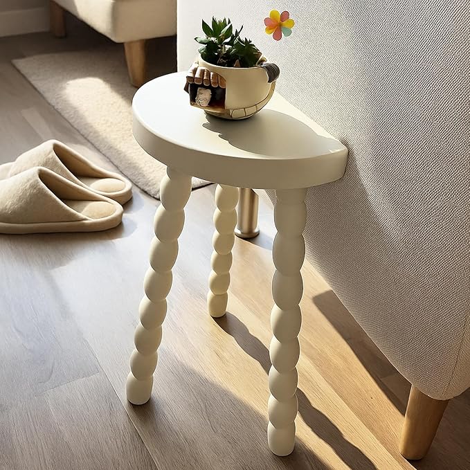 LitaEther Wooden Bobbin Side Table - Plant Stand - Half Round Table - Wooden Accent Stool- Minimalist Decorative Table for Bedroom, Hallway, Living Room (1, White)