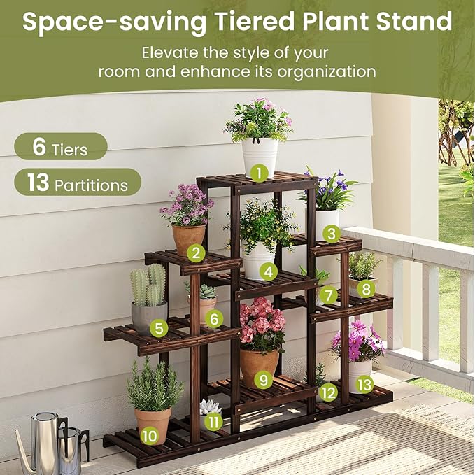 COSTWAY Wood Plant Stand, 6-Tier Shelf Holder for Multiple Plants, Freestanding Plant Rack for Garden, Patio, Balcony