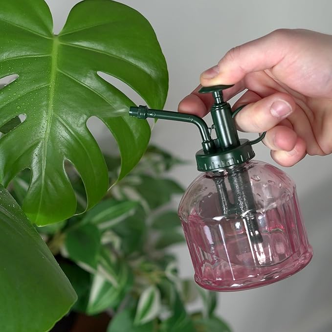 Houseplant Mister Spray Bottle – 180ml Pink Glass Plant Sprayer with Green Lid – Fine Mist for Humidity Control – Stylish Indoor Plant Care Accessory – Ergonomic and Leakproof Design