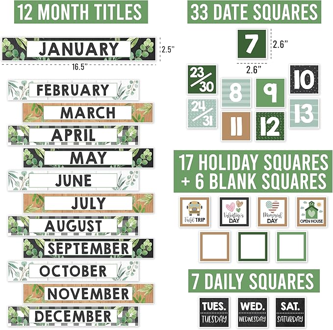 Hadley Designs Classroom Calendar Set Bulletin Board Decorations - Greenery School Calendar for Classroom Decor, Kindergarten Preschool Elementary Teacher Must Haves, Homeschool & Daycare Essentials