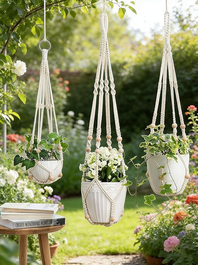 3 Pack Hanging Planters, Macrame Boho Plant Holder for Indoor Outdoor Plants, Plant Hangers with 3 Hooks for Garden Patio Home Decor