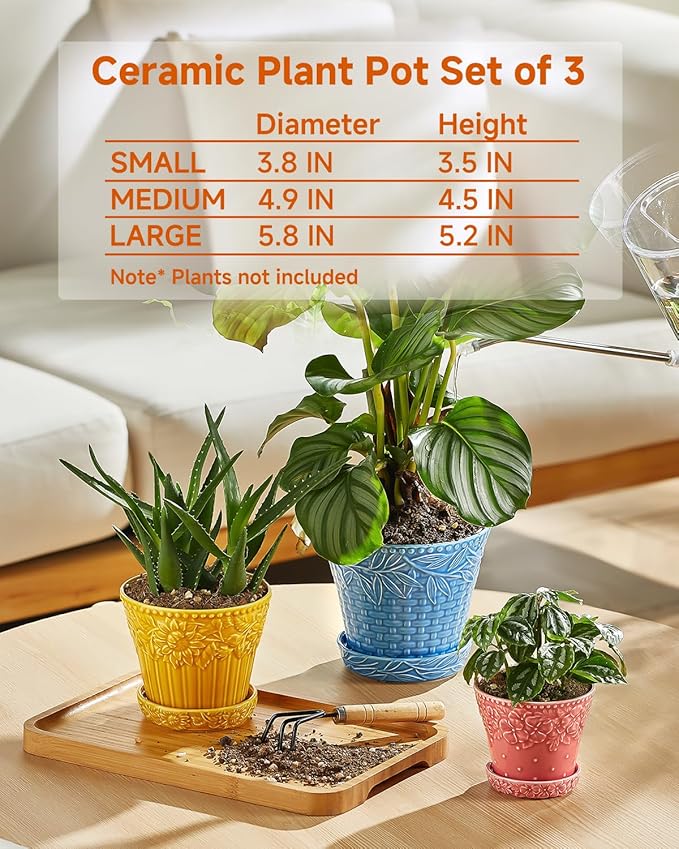 Metahom Ceramic Plant Pots, 3.8+4.9+5.8 Inch, Set of 3 Flower Pots with Drainage Hole & Saucer, Embossed Planter Pots for House Plants, Home Decor, Set of 4, Assorted Colors