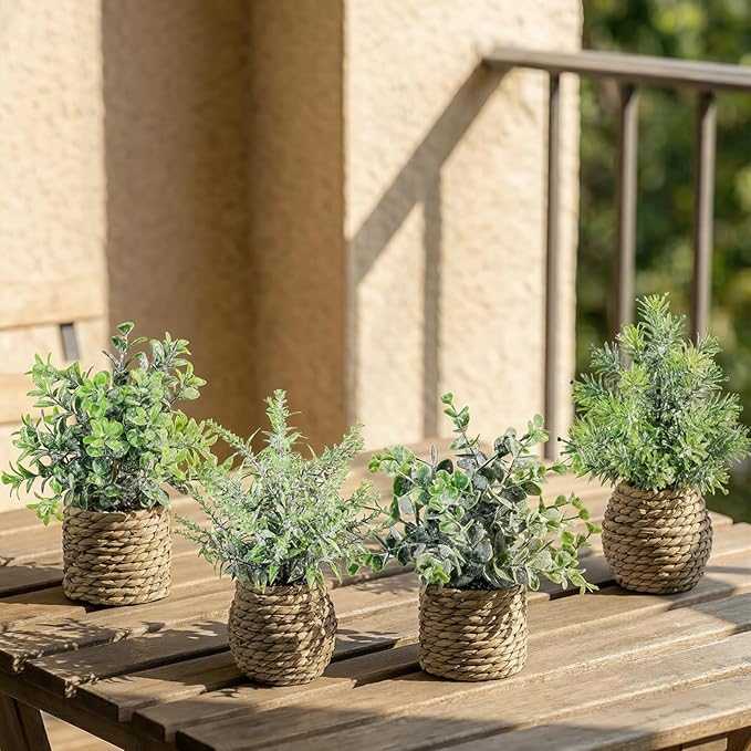 Small Fake Potted Plants: 7 Inches Artificial Plants with Seagrass Handwoven Planters, Indoor Farmhouse Spring Decorations, Eucalyptus Plant for Home Bathroom Office Shelf Tabletop Desk Room Decor
