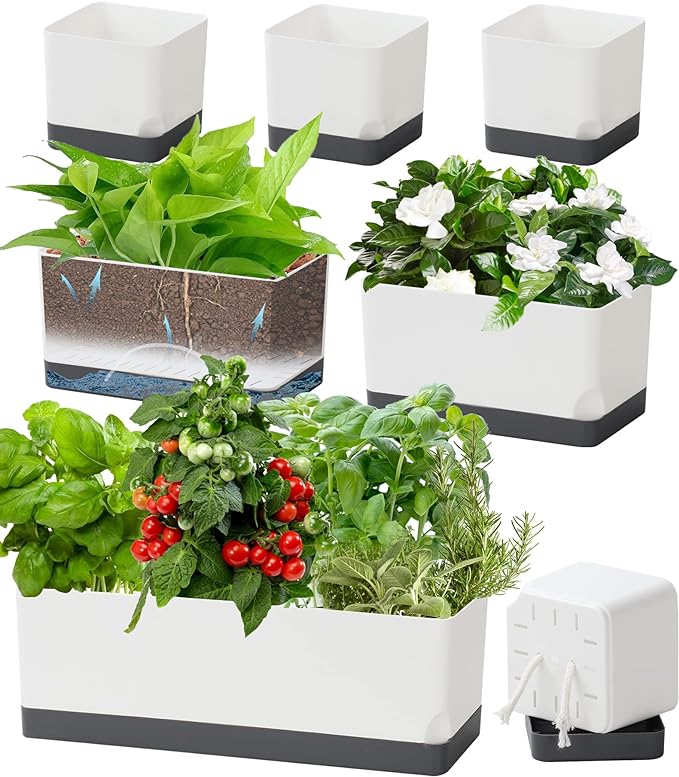 Self Watering Planters Pots for Indoor Plants, 7 Pack 4+8+17 Inch Plastic Window Boxes Planters Herb Planter, Rectangle Rectangular Planter Windowsill Planters with Drainage and Saucer
