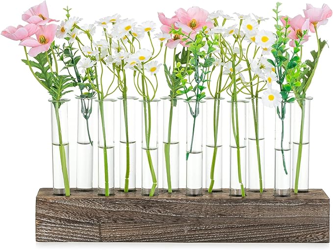 NUPTIO Vase Wedding Centerpiece for Table: 15" Long Rectangular Wooden Base and 12 Pcs Glass Test Tube Bud Vases for Flower Arrangement Dining Table Center Piece Home Decor Gifts for Plant Lovers