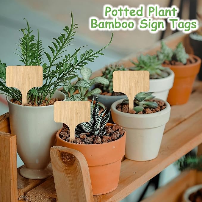140 Pcs Bamboo Plant Labels with 1 Marker Pen, T-Type Natural Seedling Nursery Sign Tags, Wood Garden Markers Decorative Patio Tags for Outdoor Indoor Potted Plants Herbs Flowers Vegetables