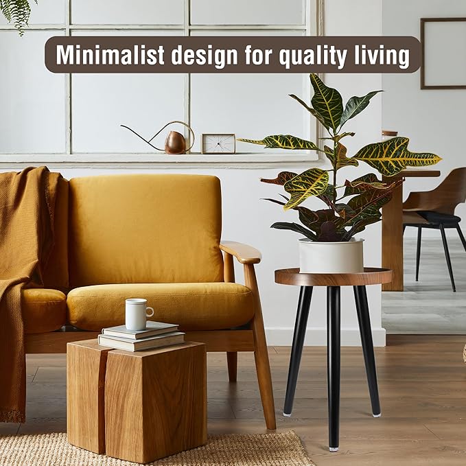 KGPLOME Indoor Plant Stand,Wood Mid Century Plant Table in Walnut Finish,Tall Plant Stand for Flower Pot,Modern Round Small Side End Table with Raised Design (Walnut, 12"x18" 2 Pack)