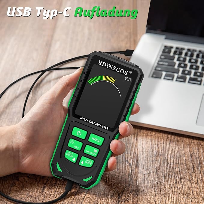 RDINSCOS Pinless Moisture Meter for Wall Rechargeable Damp Meter with Color Display and Audible Alarm,Non-Destructive Moisture Detector for Wall,Masonry,Wood,Building Material