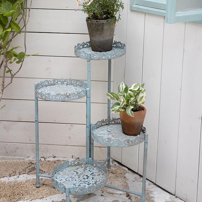 4 Tier Vintage Corner Plant Stand for Indoor Outdoor Distressed Metal Flower Pot Holder Shelves with Ornate Cutout Edges Multi-Level Planter Rack Display Corner Shelf Antique Foldable Tall Plant Shelf for Patio Porch Garden Balcony Living Room (Blue)