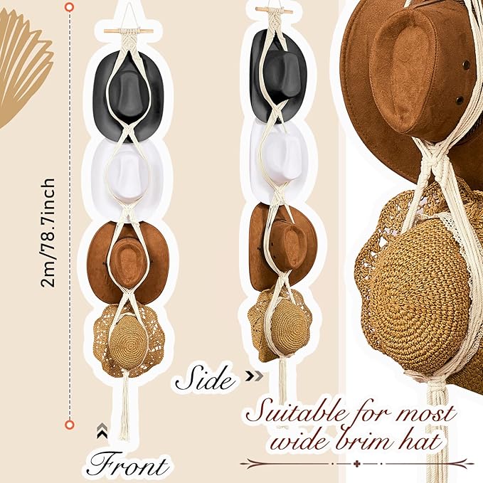 Yulejo Macrame Hat Hangers Boho Hat Rack Cowboy Hat Hanger Back of Door Hat Organizer (White,Four Hats Style)