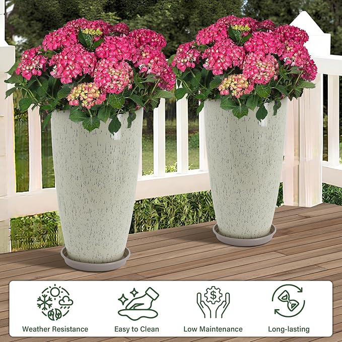 Neoaider Set of 2 Lightweight Ceramic-Look Tall Planter, 21 inch Large Plastic Planter with Drain Hole & Saucers, Large Outdoor Planters for Porch, Garden, Patio, Balcony(Drip Glaze)