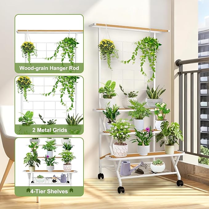 4 Tier Plant Stand Indoor Outdoor with Wheels, Large Metal Plant Shelf for Multiple Plants, Heavy Duty 130 lbs Capacity, Tall Flower Rack for Living Room Patio Balcony Garden, White