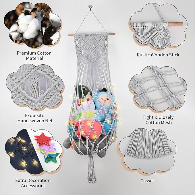 Stuffed Animal Storage w/ LED Star Light, 63 Inch Jumbo Toy Hammock Wall Ceiling Over Door Hanging Organizer Net for Stuffed Animals, Gray Stuffed Animals Hammock Corner for Kid Girls Boys Gift