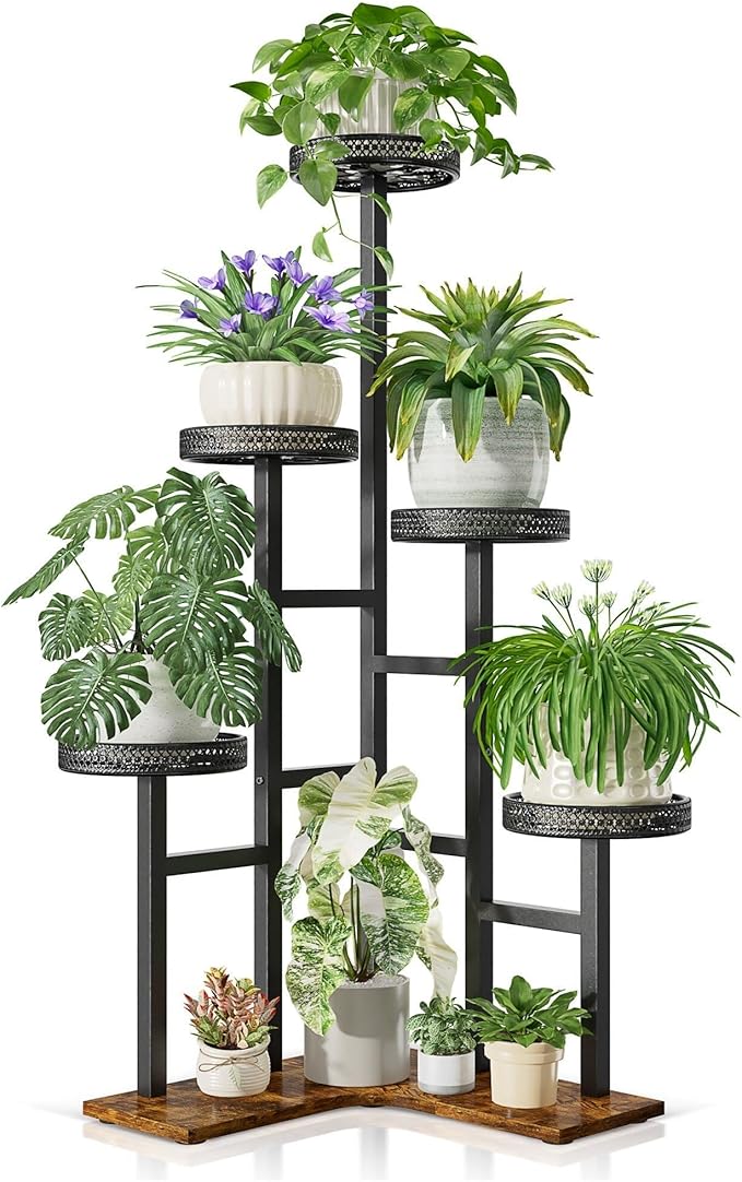 Plant Stand 6 Tier Indoor Outdoor Metal Wood Flower Shelf Corner Flower Holders for Living Room Balcony Garden Patio