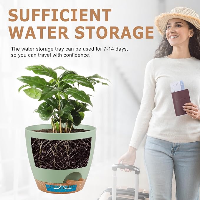 QRRICA Plant Pots 8/7/6.5/6/5.5/5 Inch Self Watering Pots, Set of 6 Plastic Planters with Drainage Holes and Saucers,Plastic Flower Pots,Nursery Planting Pot for Indoor Out Door Plants（Green）