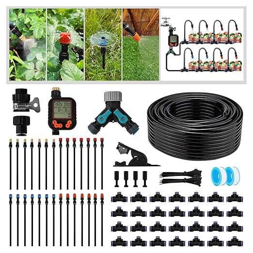 100FT Drip Irrigation Kit - 28 Adjustable 360° Nozzles & T-Connectors for Garden, Lawn & Plant Watering System