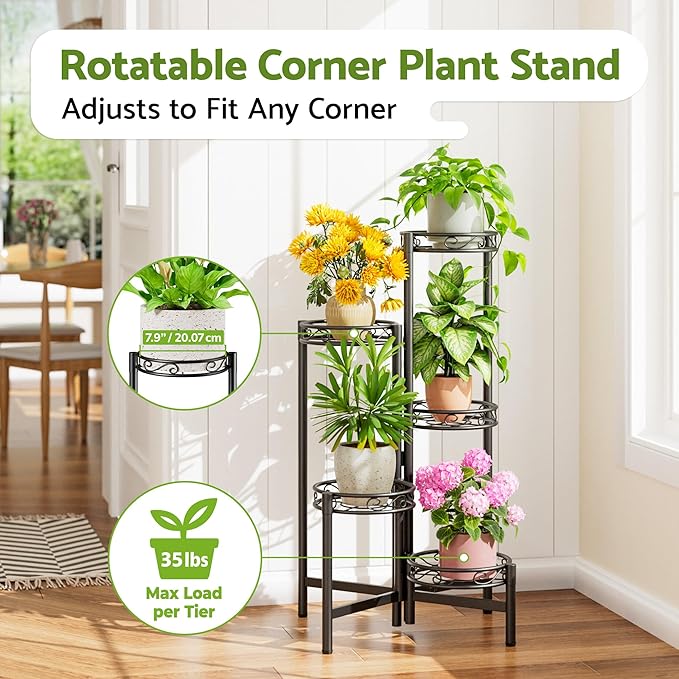 Plant Stand Indoor Garden Livingroon Corner Metal 5 Tier Multiple Flower Pot Holder Shelf Outdoor Furniture Black Circle