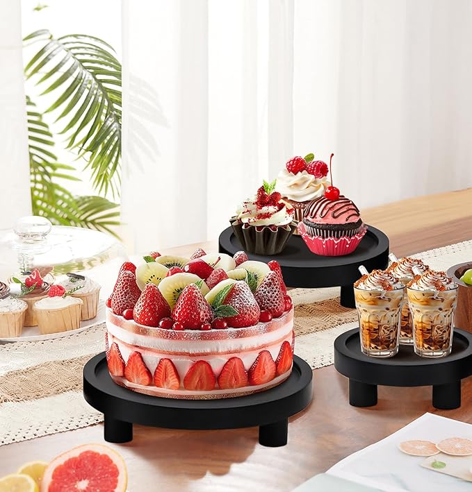 3 Pcs Wooden Risers for Display, Round Wood Riser Plant Stand 5/6/8" Pedestal Stand, Flower Pot Holder Small Planter Tray for Kitchen Home Décor (Black)