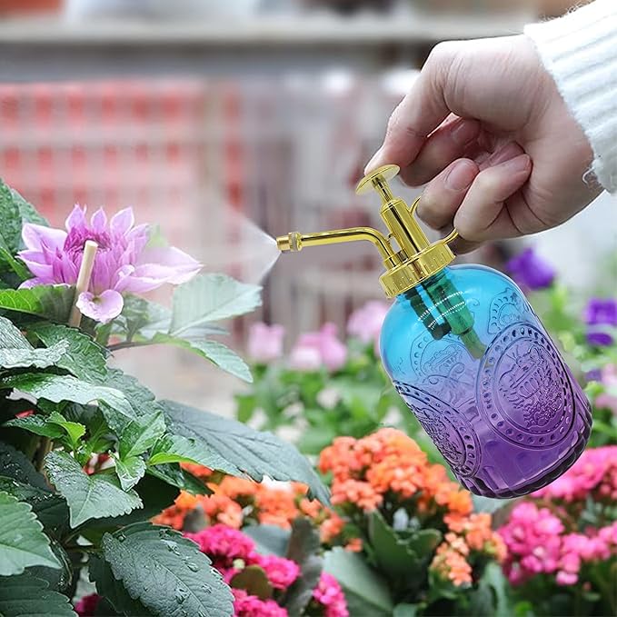 Glass Plant Mister Spray Bottle, 350ML Vintage Plant Spritzer with Top Pump Watering Can for Indoor Outdoor House Plants,Flowers (Blue-Purple Gradient)