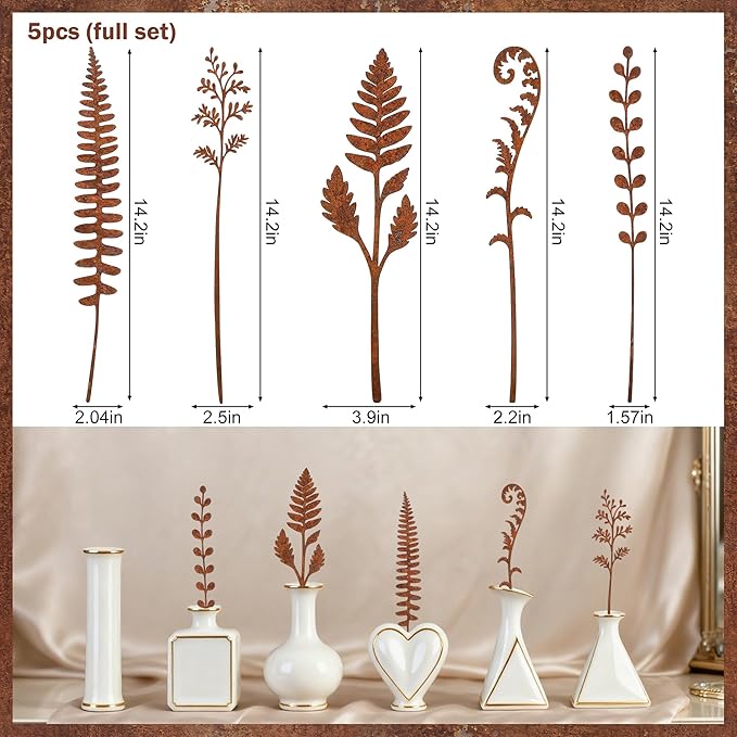 5 Pcs 14.2'' Longer Rusty Metal Flowers and Plants, Rustic Metal Fern Leaf Garden Stakes, Rusty Plant Shaped Decoration for Flower Arrangement Potted Plants Outdoor Lawn Yard Courtyard Art