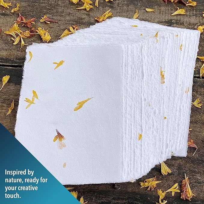 Wanderings A4 Handmade Paper with Deckled Edge and Real Flower Petals - 8.3" x 11.7", 150 GSM, 50 Sheets Textured Paper - Perfect for Watercolor, Drawing, Writing, Printing & Mixed Media