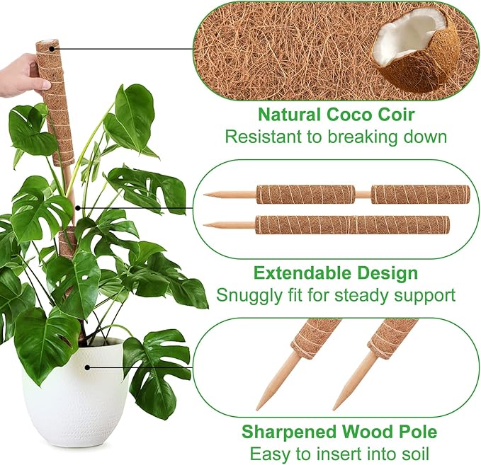 GROWNEER 24 Inch Moss Pole for Plants Indoor, 2 Pcs 15 Inch Stackable Coir Totem Monstera Support, Moss Sticks with 15pcs Labels and 78in Garden Ties, Stake for Climbing Snake Plants Indoor