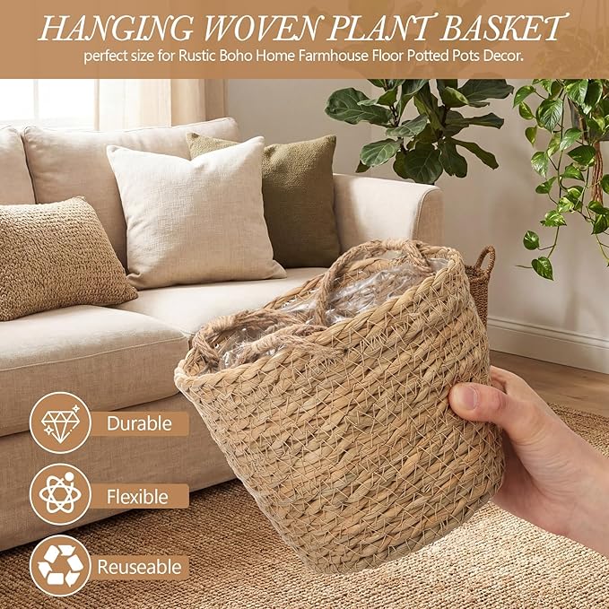 12 Pcs Seagrass Hanging Planter Basket Hand Woven Plant Basket with Plastic Liners Hanging Plant Holder Storage Containers with Cotton Rope for Indoor Garden Decor (Small,Brown)
