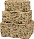Handwoven Wicker Baskets Decorative Storage Boxes with Lids Set of 3, Natural Seagrass, Nesting Organizer Boxes for Closet, Shelf, Home Decor