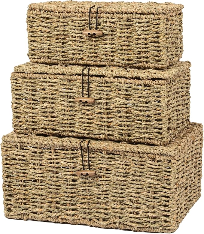 Handwoven Wicker Baskets Decorative Storage Boxes with Lids Set of 3, Natural Seagrass, Nesting Organizer Boxes for Closet, Shelf, Home Decor