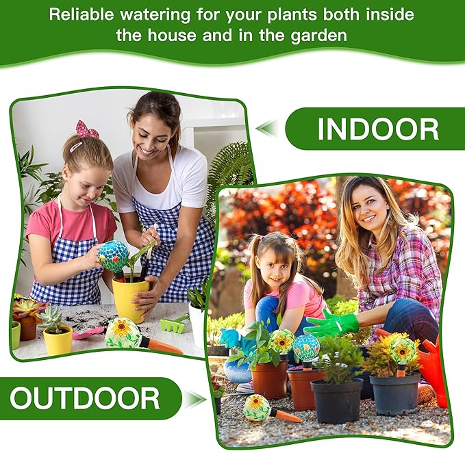 SAVENNA Mosaic Plant Watering Globes with Terracotta Spikes, 17oz Glass Self Watering Globes for Indoor & Outdoor Potted Plants, Decorative Water Drippers, Set of 2,Sunflower & Mushroom Pattern