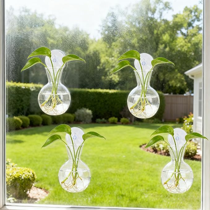 Penitue 8pcs Window Propagation Station, Plastic Bulb-Shaped Plant Propagation Vases with Suction Cups Easy to Install Wall Hanging Planters Window Plant Holder for Indoor Office Home Decor (Clear)