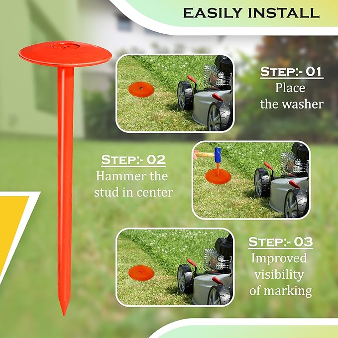 FEBTECH - Septic Tank Marker - 2.7" x 10" - Suitable Property line Markers for Protecting Your Septic Tank and Property Boundary with Solid and Sturdy Survey Stakes - Pack of 10 Pcs + 1 Hammer