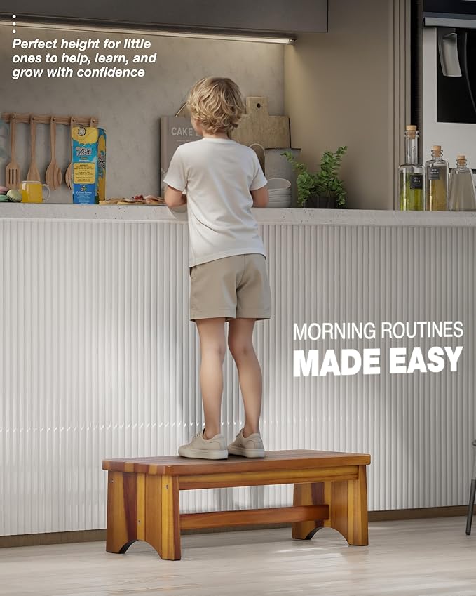 FANATU Extra Wide 26in Wooden Step Stool, Heavy Duty One Step Stool for Adults and Seniors, Holds Up to 550 lbs, Reinforced Cross Bar, Non-Skid Surface, Multipurpose Use for Kitchen, Bathroom, Bedroom