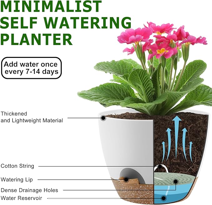 QRRICA Plant Pots 10/9/8/7.5/7 Inch Self Watering Pots, Set of 5 Plastic Planters with Drainage Holes and Saucers,Plastic Flower Pots,Nursery Planting Pot for Indoor Out Door Plants（White）