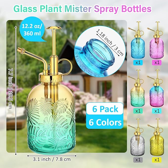 Sliner 6 Pack Glass Plant Mister Spray Bottles 7.7" Tall Glass Water Spray Bottle 12.2 oz Hand Pump Sprayer Fine Mist Watering Can with One Hand Top Pump for Indoor & Outdoor Houseplants(Golden)
