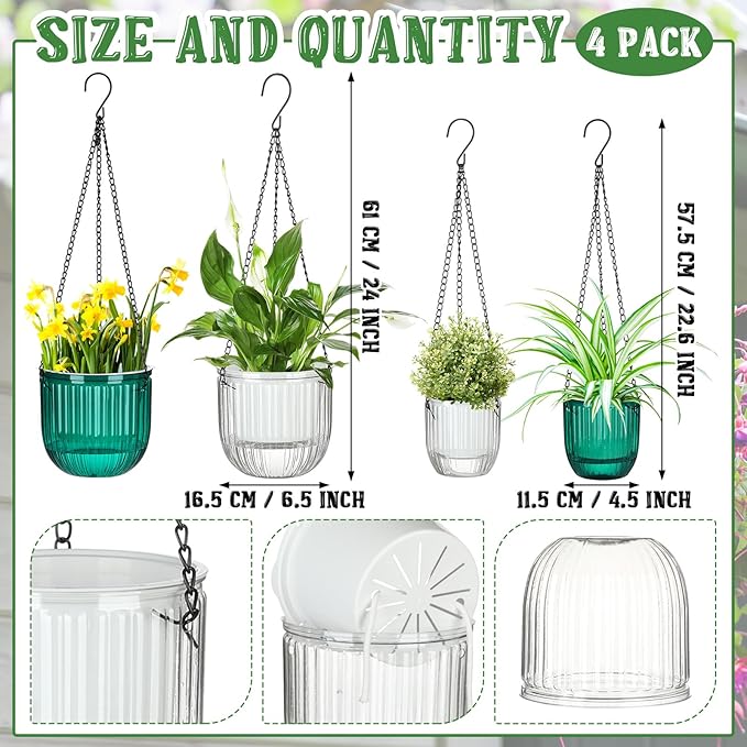 Maxcheck 4 Pcs Self Watering Hanging Planters Indoor Gift 6.5'' 4.5'' Hanging Flower Pots Baskets Outdoor Self Watering Plant with 3hooks Drainage Holes for Home