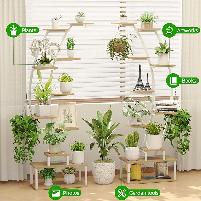 Plant Stand Shelf Indoor with 8 Grow Light, 10 Tiered 65" Tall White Large Half Moon Lighted Plant Rack Holder, 2 Pack Big High Circular Arch Multi Herb Stand with Built in LED Grow Light Set