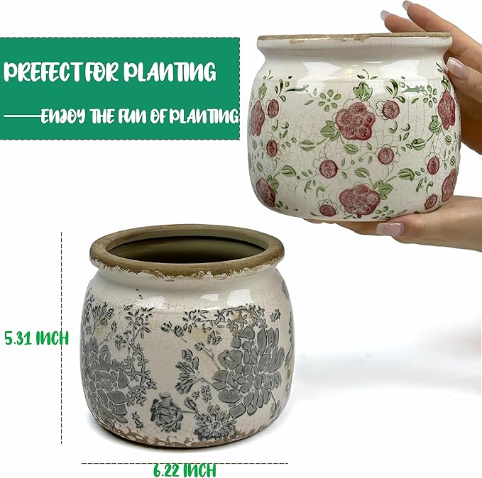 Dosayes Ceramic Pot for Planter, Vintage Red Plum Flower Pot with Drainage Holes, 6.29 inch Ice Crack Glazed Indoor Planters Pot