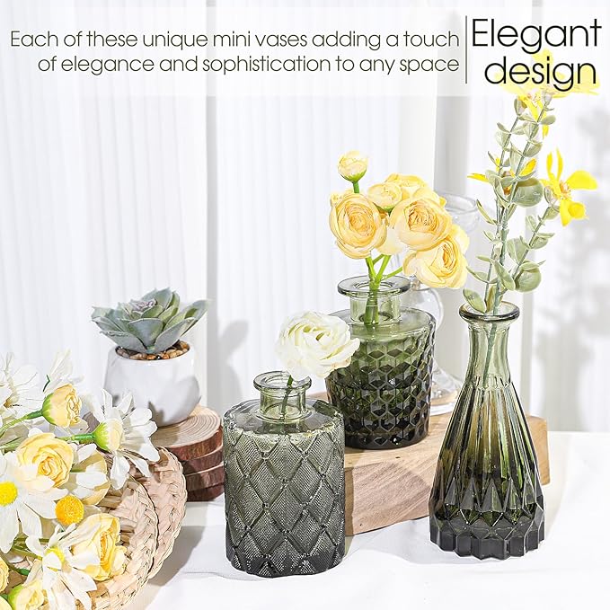 TBWIND 12pcs Green Glass Bud Vases Set, Small Vases for Flowers, Bud Vase for Centerpieces in Bulk, Mini Vintage Vase for Wedding Decorations, Office and Home Table Flower Décor