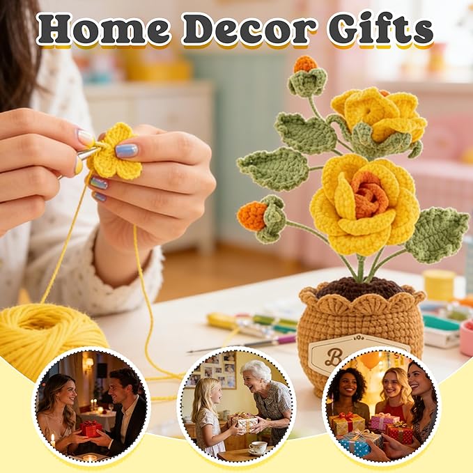 Crochet Flowers with Personalized Leather Name Tag Handmade Knitted Flowers for Home Office Desk Decor Crochet Rose Flower Potted Plant Crochet Gift for Women,Mom,Teacher, Birthday(Yellow)