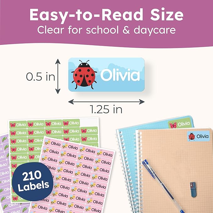 Personalized Name Labels for Kids (210 Labels) - Durable & Waterproof Custom Name Stickers for Clothing Tags, School Supplies, Camp & Daycare - Plant Friends (1.2”x0.5”)