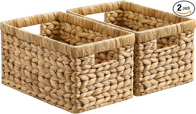 StorageWorks Wicker Basket, Baskets for Organizing, Storage Basket with Built-in Handles, Water Hyacinth Shelves (Medium 2-Pack, Natural Hyacinth)