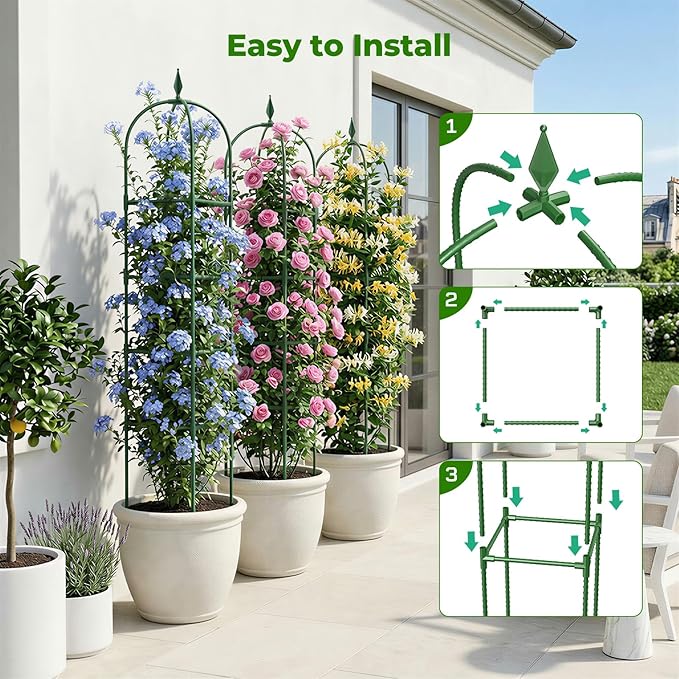 2 Pack Garden Obelisk Trellis for Climbing Plants, 6 FT Metal Rustproof Plant Support Rose Trellis, Tower Potted Cages for Flowers Fruits Vegetable Vines Indoor & Outdoor, Green(4 Tiers)