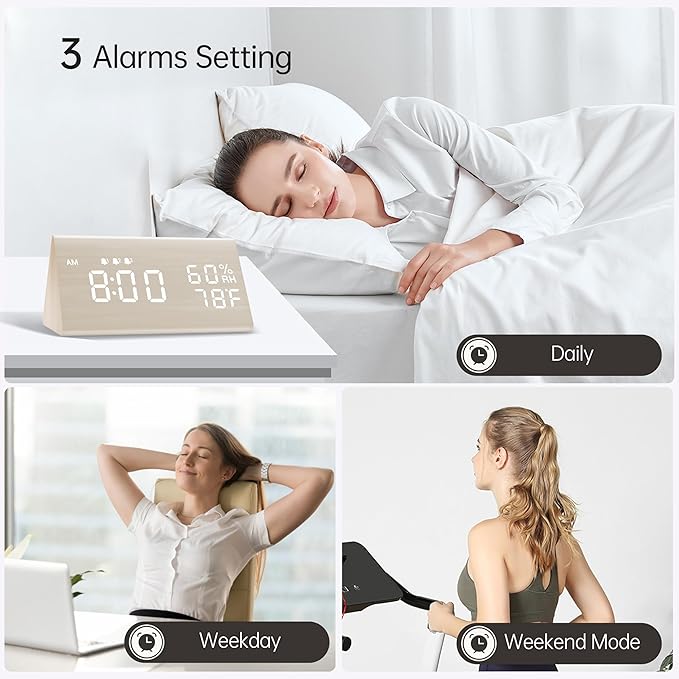 JALL Digital Alarm Clock, with Wooden Electronic LED Time Display, 3 Alarm Settings, Humidity & Temperature Detect, Wood Made Electric Clocks for Bedroom, Bedside (White)
