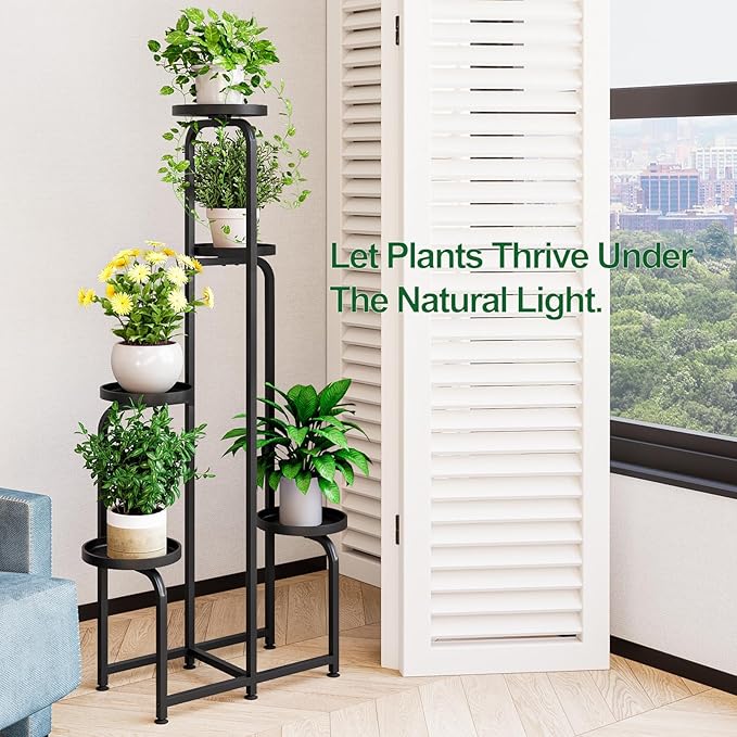 INGIORDAR Plant Stand Indoor Outdoor 5 Tier Metal Plant Shelf for Multiple Plants Corner Flower Holders for Living Room Balcony Bedroom Patio Garden, Black (Black, 5-Tier)