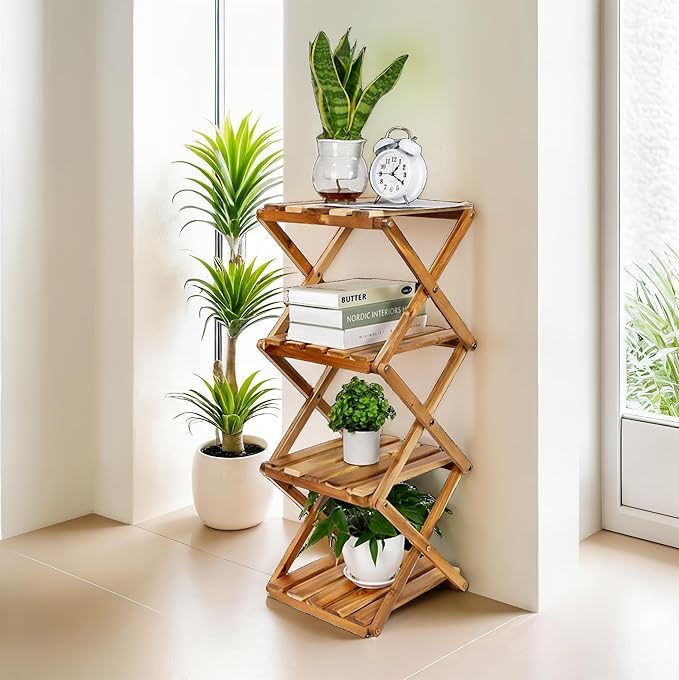 BEEFURNI Acacia Ladder Plant Stand Indoor Corner, Wooden Outdoor Plant Stand 4 Tier, Foldable Multi Tier Plant Stand, Corner Plant Stand Indoor, Tall Plant Rack For Office, Balcony, Patio, 1-year Warranty