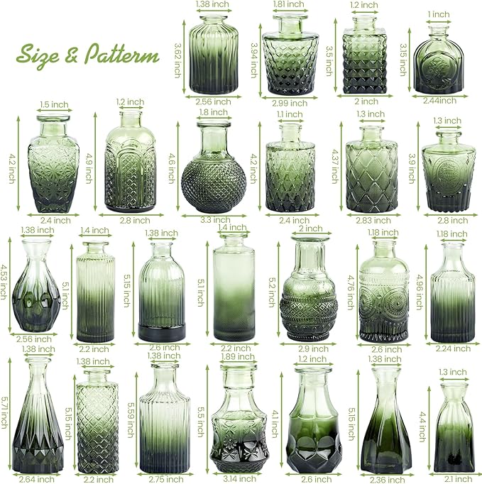 TBWIND Glass Bud Vase Set of 24, Small Green Flower Vases for Centerpieces in Bulk, Mini Vintage Vase for Wedding Decor, and Home Table Décor